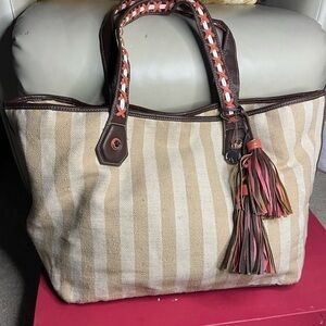 Big Buddha Swesley Striped Canvas Tote Bag in Tan w/Coral and Brown Trim/Tassels